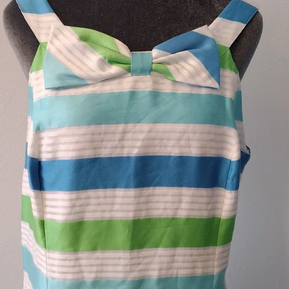 Lilly Pulitzer Silk Blend, Striped Blue, White and Green Sheath Dress, Size 14 - Picture 4 of 14